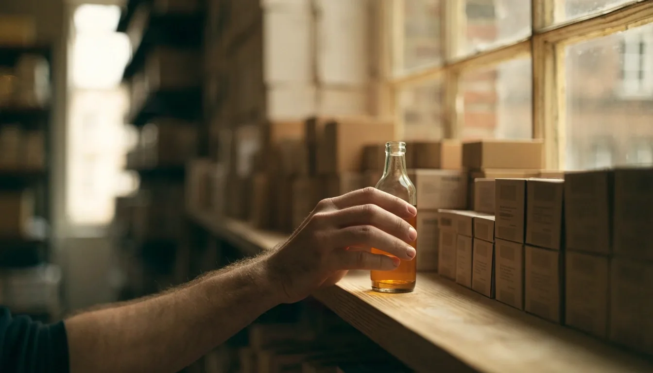 A hand holding an unbranded amber bottle on a shop shelf