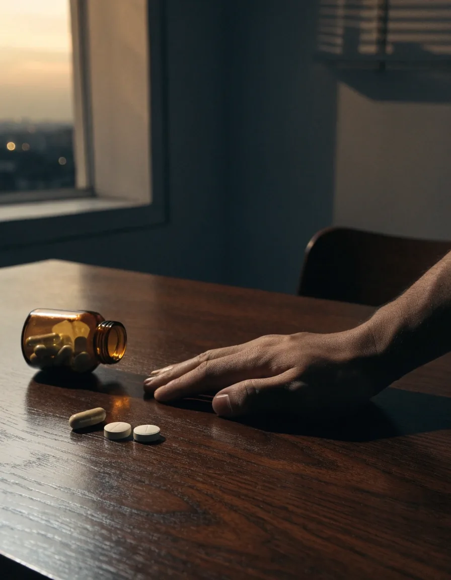 An unbranded capsule and tablets on a dark wooden desk beside a blank-labelled bottle