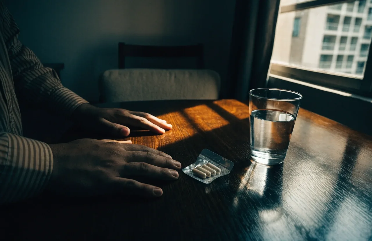 Hands resting on a dark table beside unbranded capsules, a water glass and folded paper in morning light