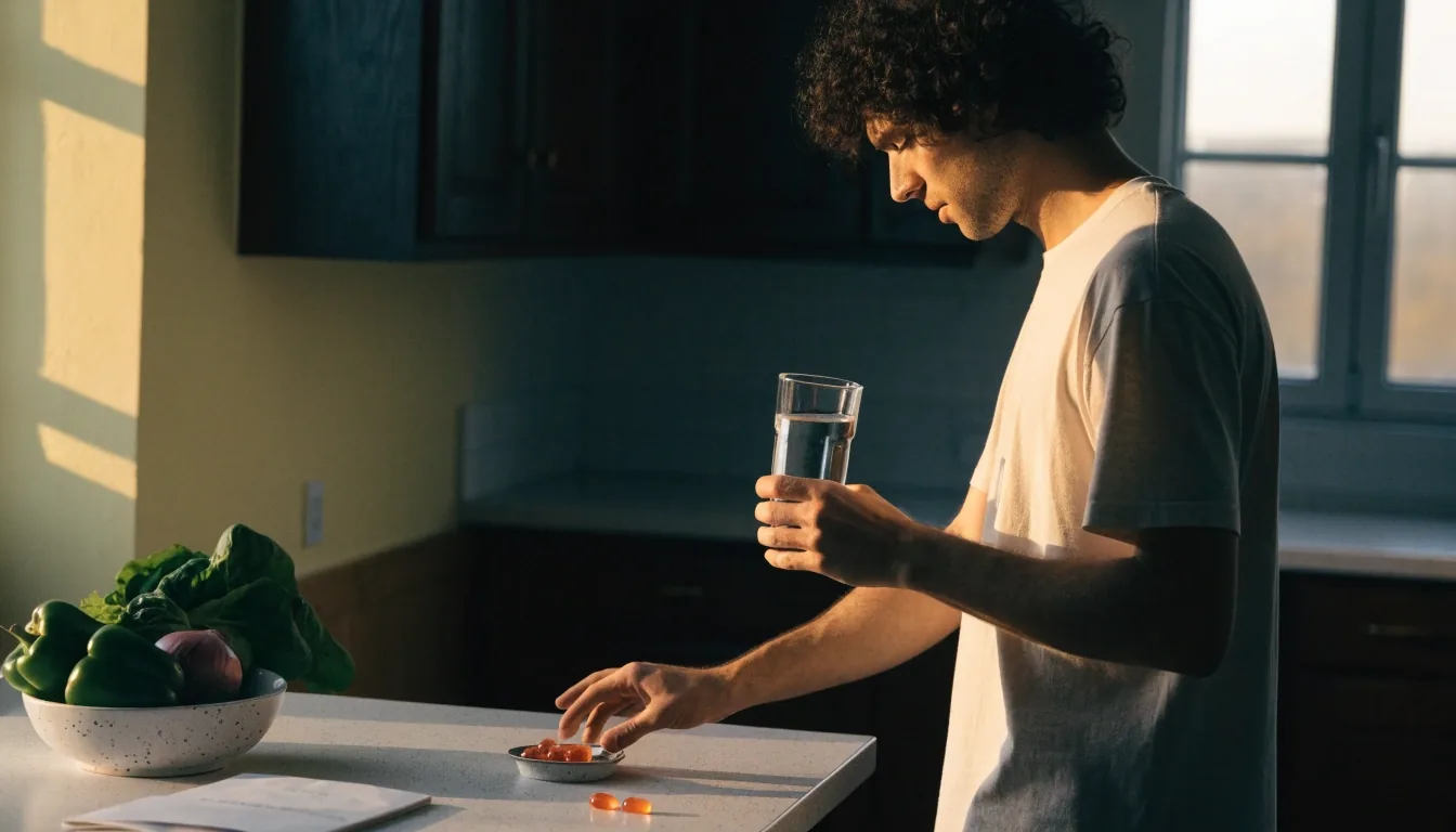 A water glass, a folded blank brochure and a small dish of capsules on a dark table