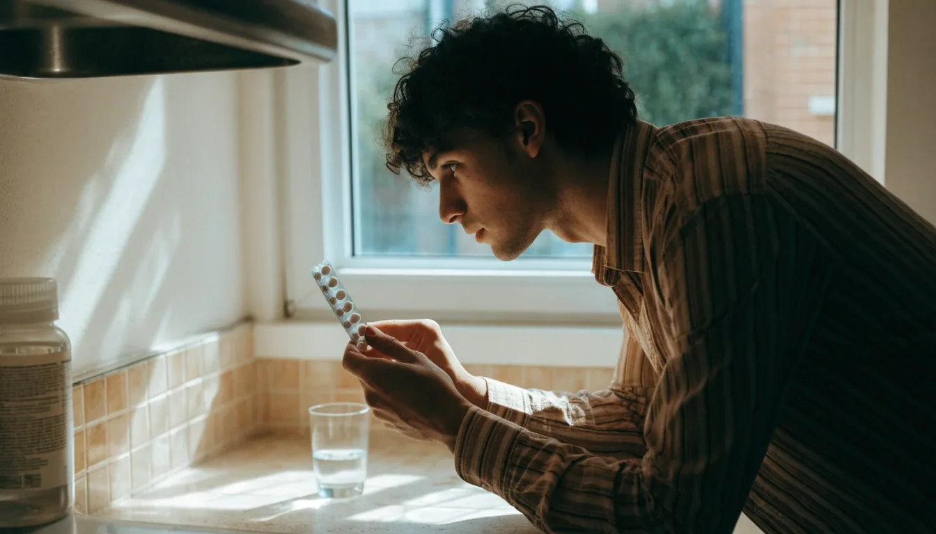 Hands at a wooden table with an open blister of capsules, a water glass and a face-down brochure in morning light