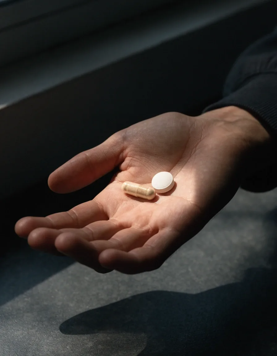 A capsule and a tablet side by side on a matte dark counter under soft light
