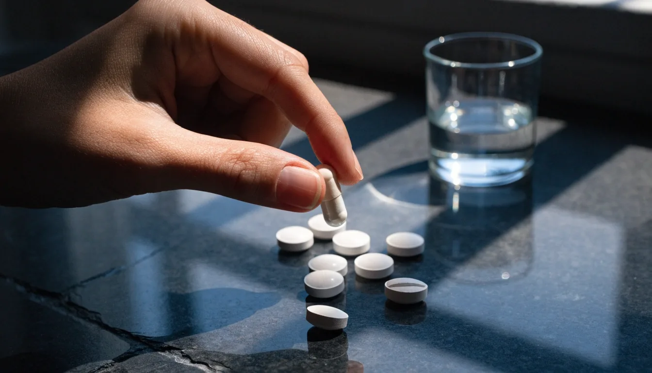 An open palm holding a single unbranded capsule above a dark table, with a folded blank brochure and a glass of water nearby