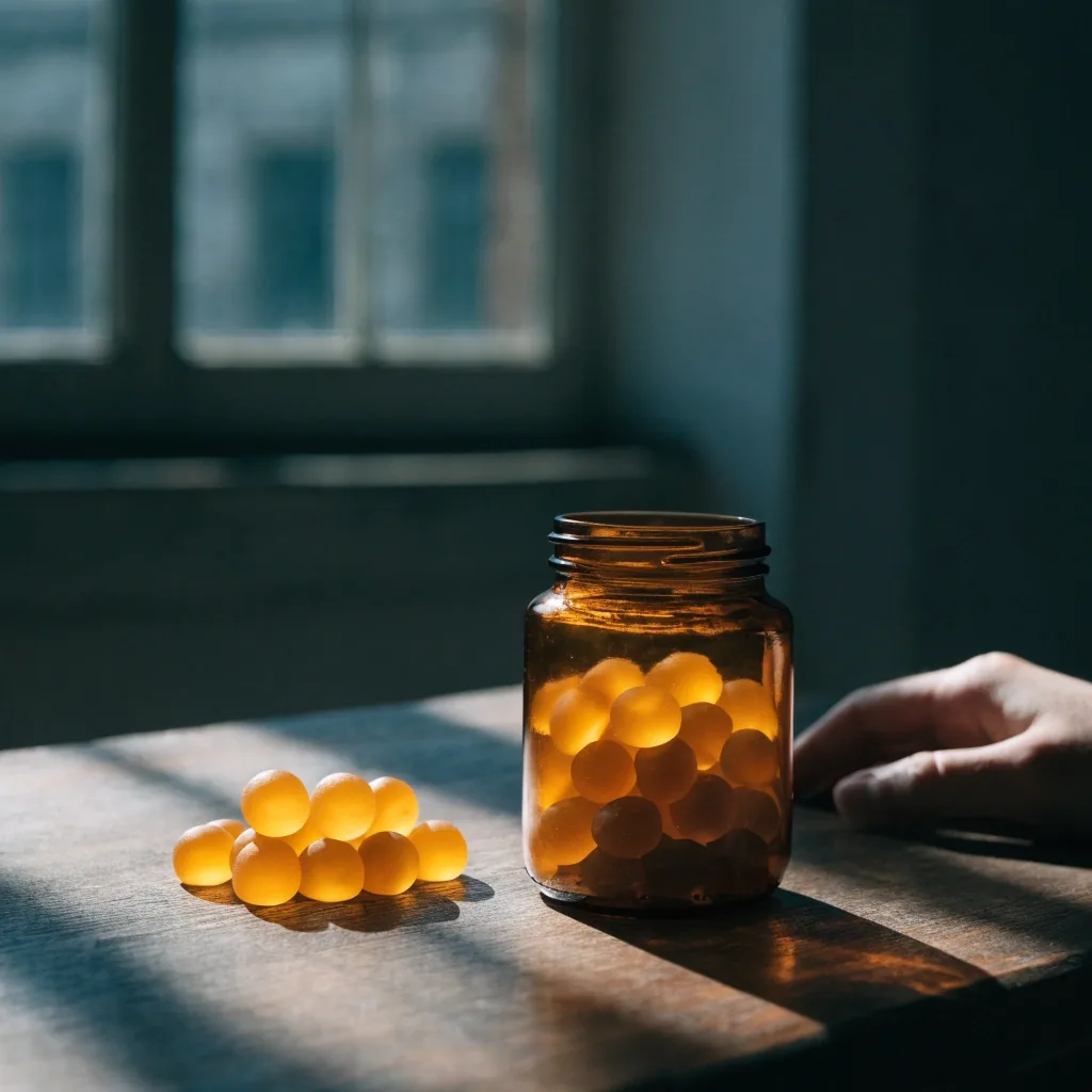 An open amber jar of unbranded gummy supplements on a dark wooden table beside a small scoop of loose gummies