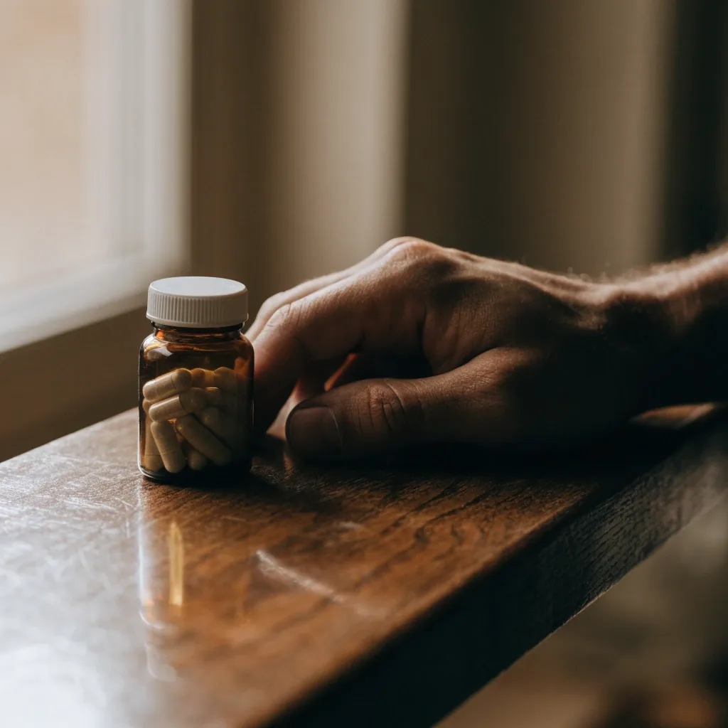 A macro view of a single unbranded capsule resting on oak wood grain under side light