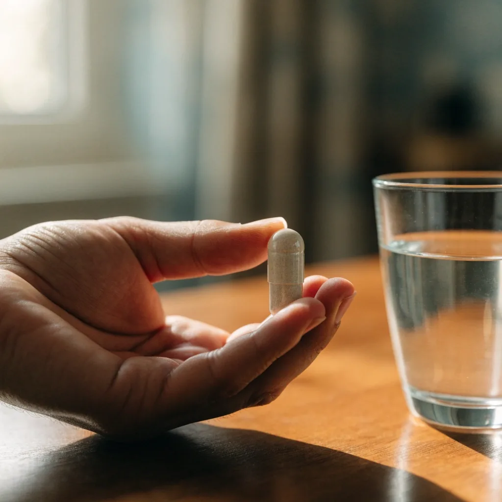 A man's open palm holding a single unbranded supplement capsule beside a glass of water on a wooden table